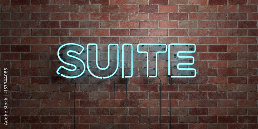 Obraz premium SUITE - fluorescent Neon tube Sign on brickwork - Front view - 3D rendered royalty free stock picture. Can be used for online banner ads and direct mailers..
