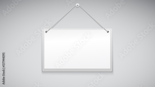 Sign board hanging on the white wall. Vector illustration. Sign with place for your information for shop or add.