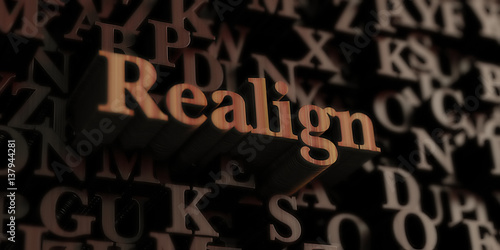 Realign - Wooden 3D rendered letters/message.  Can be used for an online banner ad or a print postcard. photo