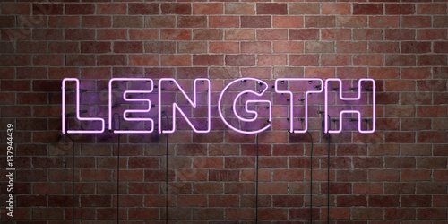 LENGTH - fluorescent Neon tube Sign on brickwork - Front view - 3D rendered royalty free stock picture. Can be used for online banner ads and direct mailers..
