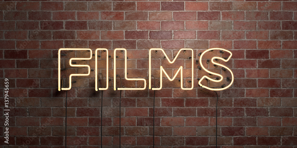 Obraz premium FILMS - fluorescent Neon tube Sign on brickwork - Front view - 3D rendered royalty free stock picture. Can be used for online banner ads and direct mailers..
