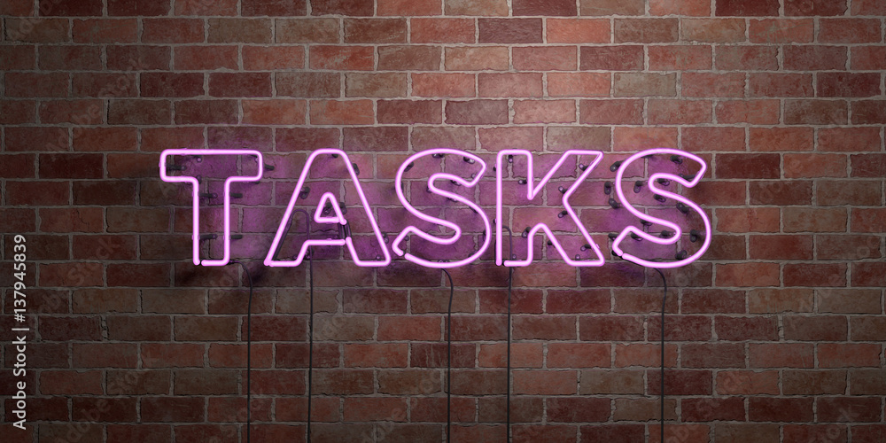 Obraz premium TASKS - fluorescent Neon tube Sign on brickwork - Front view - 3D rendered royalty free stock picture. Can be used for online banner ads and direct mailers..