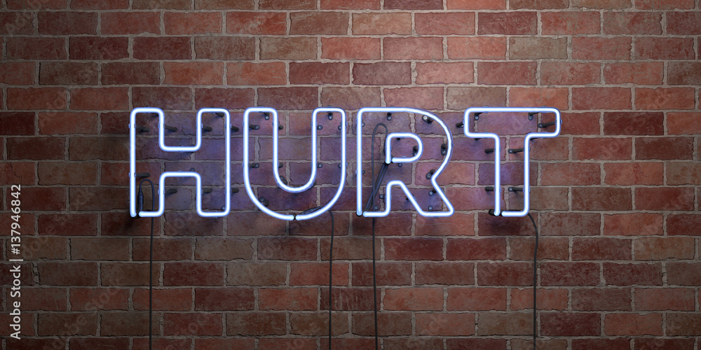 Obraz premium HURT - fluorescent Neon tube Sign on brickwork - Front view - 3D rendered royalty free stock picture. Can be used for online banner ads and direct mailers..