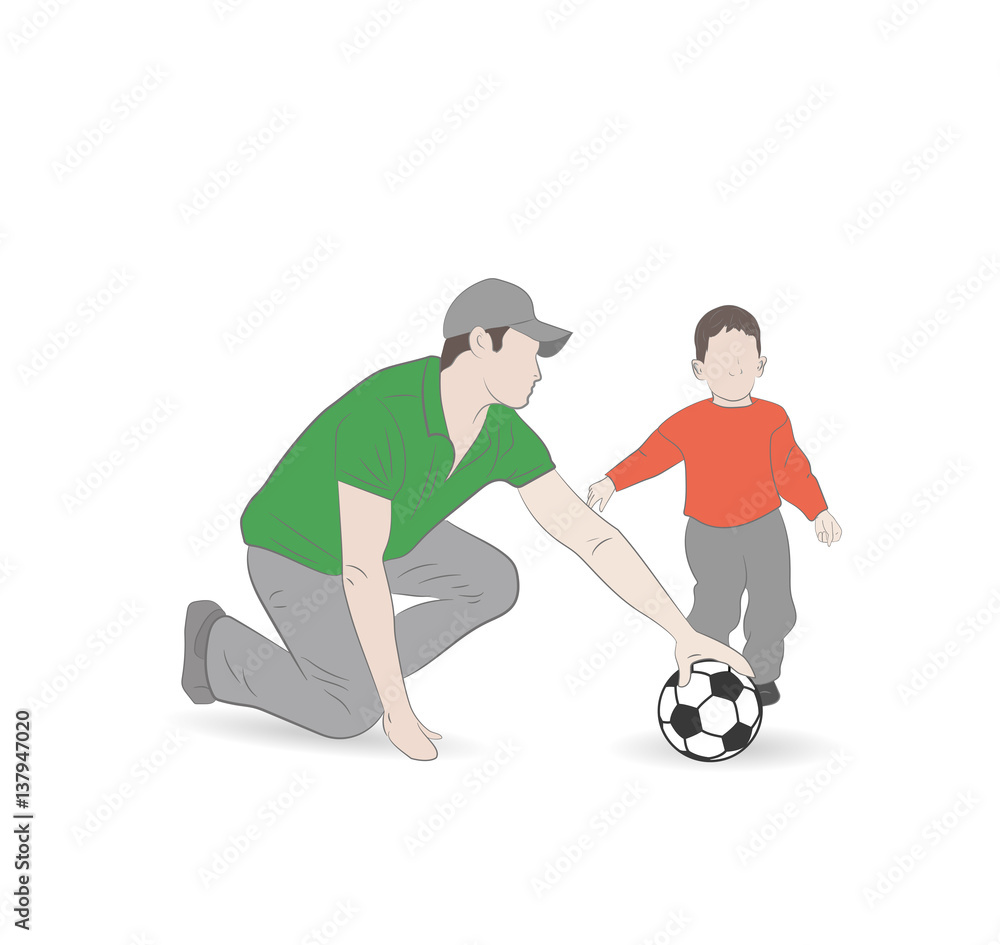 child with his father to play football. father's day. vector illustration.