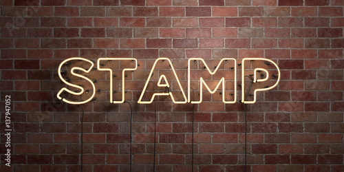 STAMP - fluorescent Neon tube Sign on brickwork - Front view - 3D rendered royalty free stock picture. Can be used for online banner ads and direct mailers.. © Chris Titze Imaging