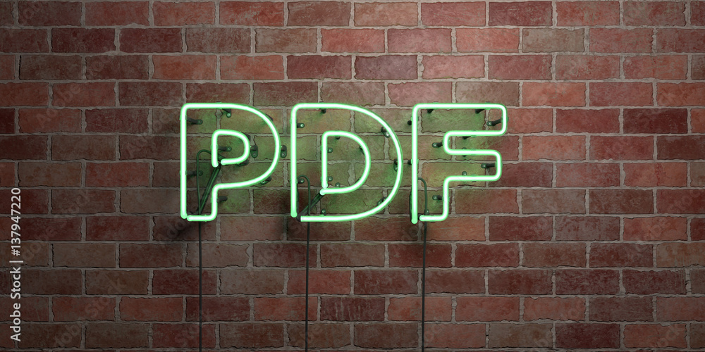 Obraz premium PDF - fluorescent Neon tube Sign on brickwork - Front view - 3D rendered royalty free stock picture. Can be used for online banner ads and direct mailers..