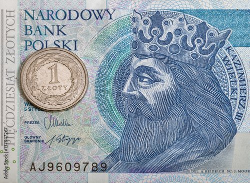 Polish fifty zloty bill and coin macro