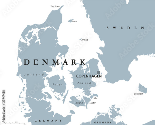 Denmark political map with capital Copenhagen and neighbor countries. Kingdom, Scandinavian and Nordic country in Europe. Gray illustration with English labeling on white background. Vector.
