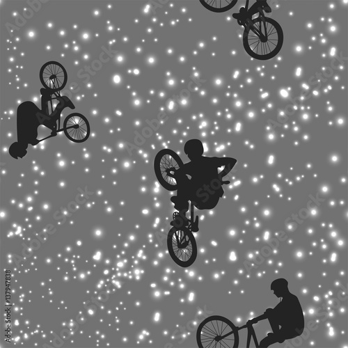Cyclists doing stunts on space background. Silhouettes of people against the starry sky. Vector illustration 