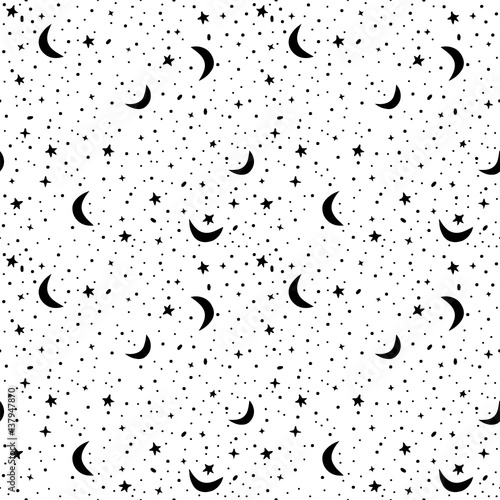 Seamless pattern with space in white and black colors. Vector background with stars and crescent moons 
