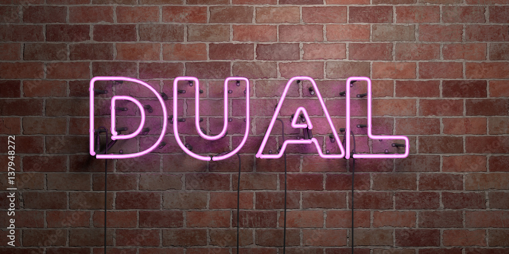 Obraz premium DUAL - fluorescent Neon tube Sign on brickwork - Front view - 3D rendered royalty free stock picture. Can be used for online banner ads and direct mailers..