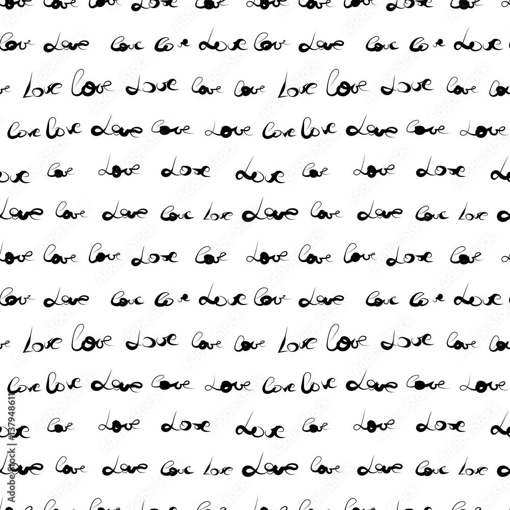 Seamless pattern with hand written black words Love on white background ...