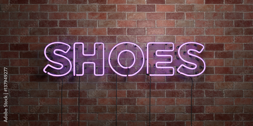 Obraz premium SHOES - fluorescent Neon tube Sign on brickwork - Front view - 3D rendered royalty free stock picture. Can be used for online banner ads and direct mailers..