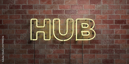 HUB - fluorescent Neon tube Sign on brickwork - Front view - 3D rendered royalty free stock picture. Can be used for online banner ads and direct mailers..