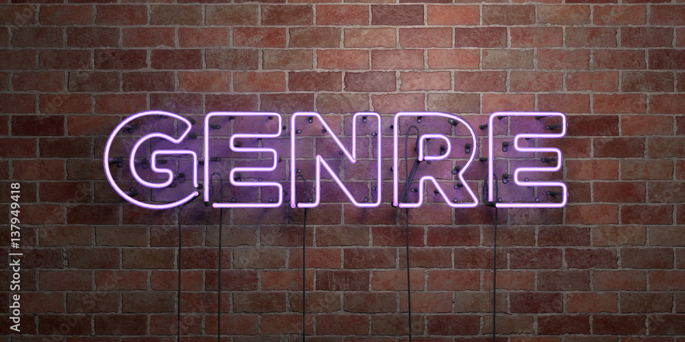 Obraz premium GENRE - fluorescent Neon tube Sign on brickwork - Front view - 3D rendered royalty free stock picture. Can be used for online banner ads and direct mailers..