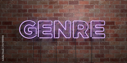 GENRE - fluorescent Neon tube Sign on brickwork - Front view - 3D rendered royalty free stock picture. Can be used for online banner ads and direct mailers..