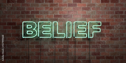 BELIEF - fluorescent Neon tube Sign on brickwork - Front view - 3D rendered royalty free stock picture. Can be used for online banner ads and direct mailers.. © Chris Titze Imaging