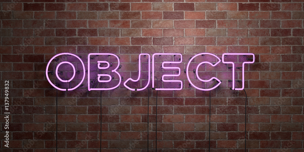Fototapeta premium OBJECT - fluorescent Neon tube Sign on brickwork - Front view - 3D rendered royalty free stock picture. Can be used for online banner ads and direct mailers..