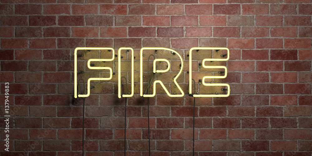 Obraz premium FIRE - fluorescent Neon tube Sign on brickwork - Front view - 3D rendered royalty free stock picture. Can be used for online banner ads and direct mailers..