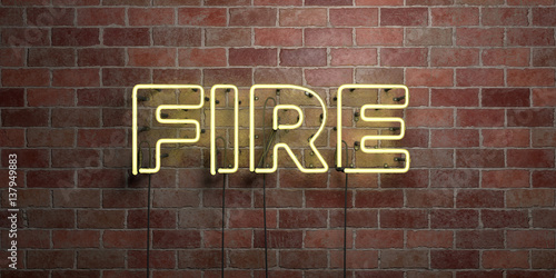 FIRE - fluorescent Neon tube Sign on brickwork - Front view - 3D rendered royalty free stock picture. Can be used for online banner ads and direct mailers.. © Chris Titze Imaging