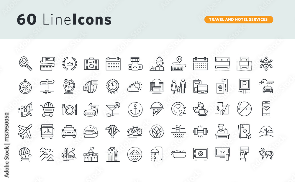 Set of premium concept icons for travel and hotel services. Thin line vector icons for website design and development, app development, business and marketing presentation and print material.