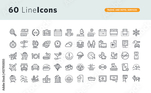 Set of premium concept icons for travel and hotel services. Thin line vector icons for website design and development, app development, business and marketing presentation and print material.