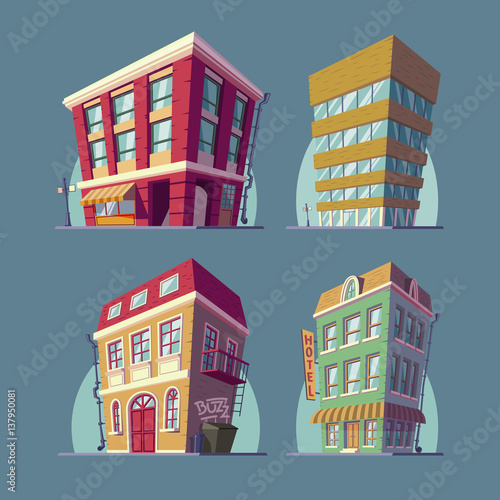 Set of vector isometric icons buildings in Cartoon style