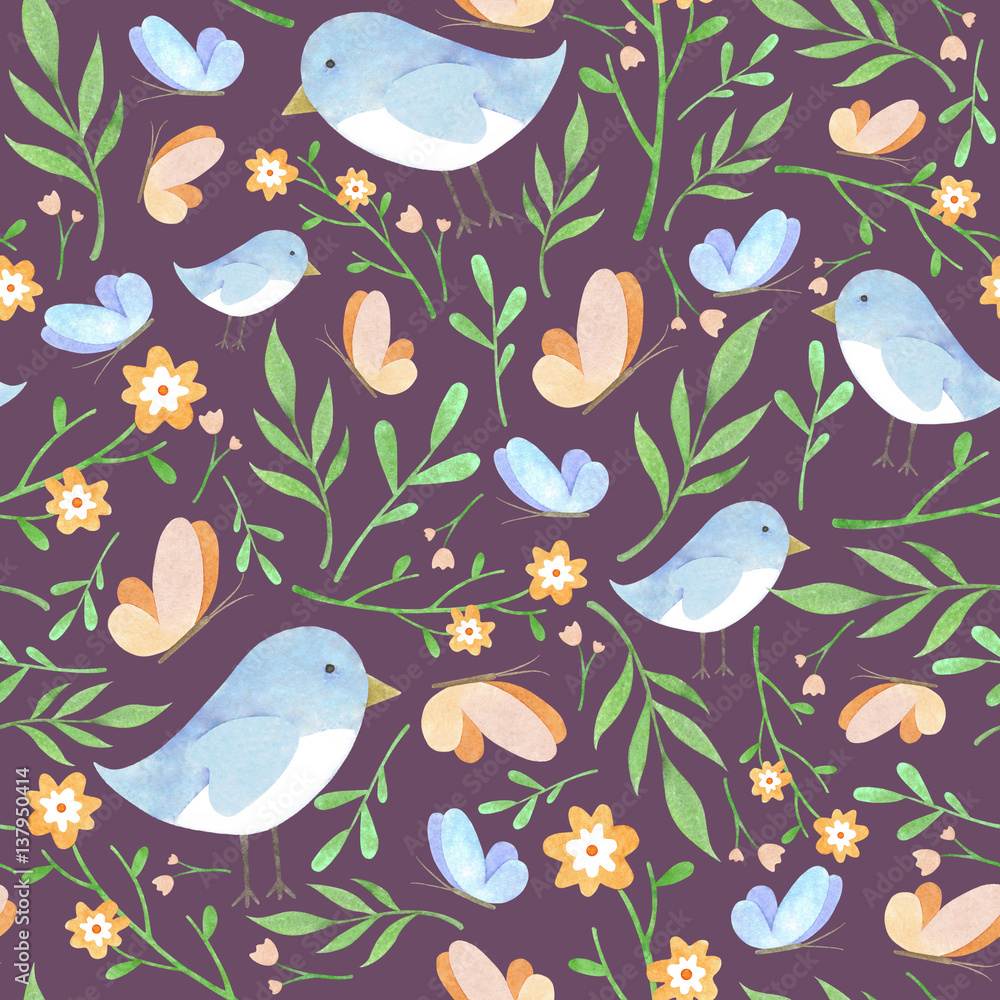 Watercolor floral pattern with blue birdies yellow butterflies and wildflowers green leaves on dark purple background