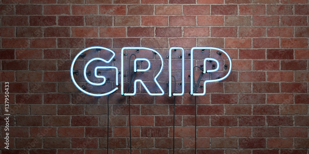 Obraz premium GRIP - fluorescent Neon tube Sign on brickwork - Front view - 3D rendered royalty free stock picture. Can be used for online banner ads and direct mailers..