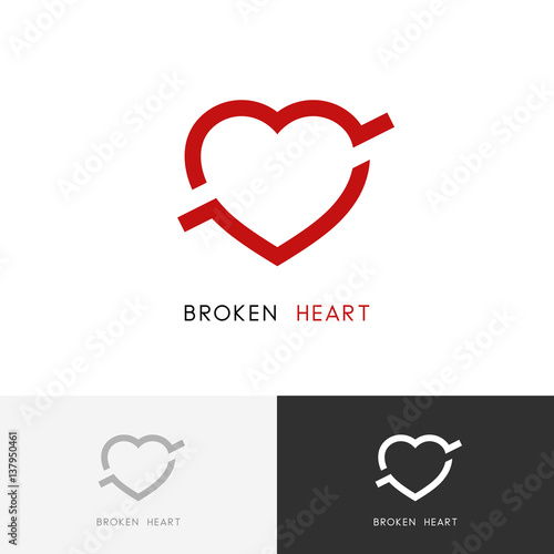 Broken heart logo -  arrow or bullet in the love symbol. Divorce or breakup vector icon.