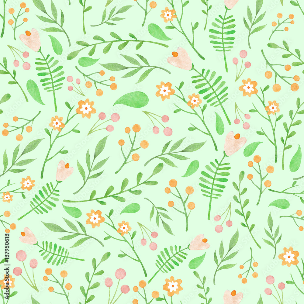 Watercolor floral pattern with orange and light pink flowers berries and  green leaves on light green background Stock Illustration