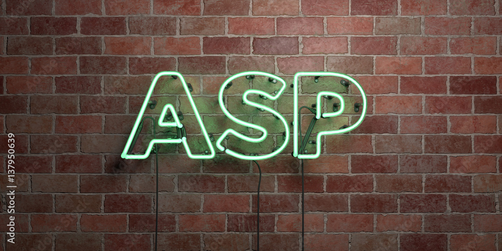 Obraz premium ASP - fluorescent Neon tube Sign on brickwork - Front view - 3D rendered royalty free stock picture. Can be used for online banner ads and direct mailers..