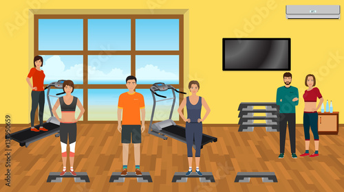 Fitness people in sports wear in the gym with training apparatus. Sport characters. Helthy lifestyle concept.