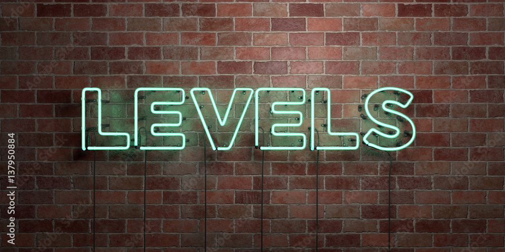 LEVELS - fluorescent Neon tube Sign on brickwork - Front view - 3D rendered royalty free stock picture. Can be used for online banner ads and direct mailers.. LEVELS - fluorescent Neon tube Sign on brickwork - Front view - 3D rendered royalty free stock picture. Can be used for online banner ads and direct mailers..