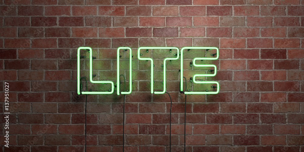 Obraz premium LITE - fluorescent Neon tube Sign on brickwork - Front view - 3D rendered royalty free stock picture. Can be used for online banner ads and direct mailers..