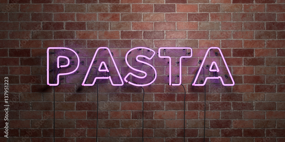 Obraz premium PASTA - fluorescent Neon tube Sign on brickwork - Front view - 3D rendered royalty free stock picture. Can be used for online banner ads and direct mailers..