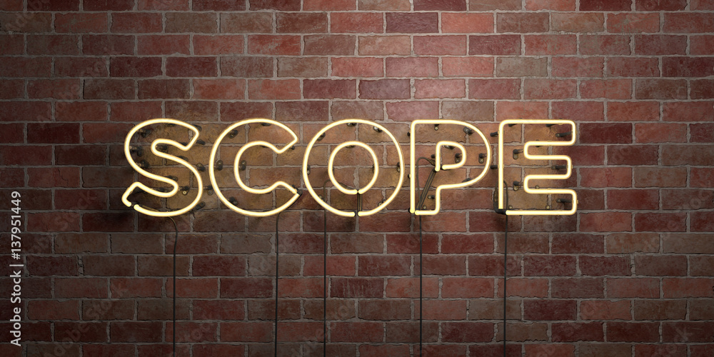 Obraz premium SCOPE - fluorescent Neon tube Sign on brickwork - Front view - 3D rendered royalty free stock picture. Can be used for online banner ads and direct mailers..
