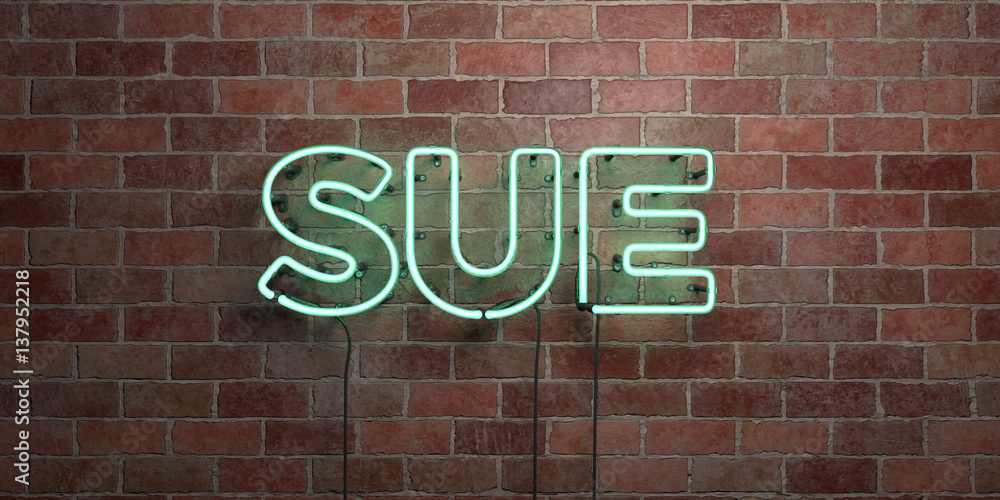 SUE - fluorescent Neon tube Sign on brickwork - Front view - 3D rendered royalty free stock picture. Can be used for online banner ads and direct mailers.. SUE - fluorescent Neon tube Sign on brickwork - Front view - 3D rendered royalty free stock picture. Can be used for online banner ads and direct mailers..