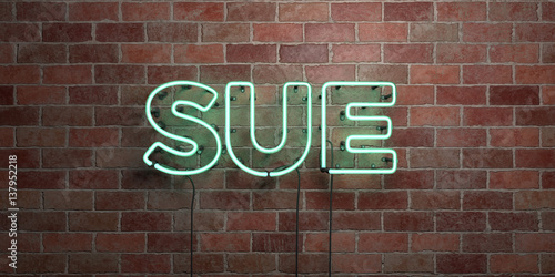 SUE - fluorescent Neon tube Sign on brickwork - Front view - 3D rendered royalty free stock picture. Can be used for online banner ads and direct mailers..