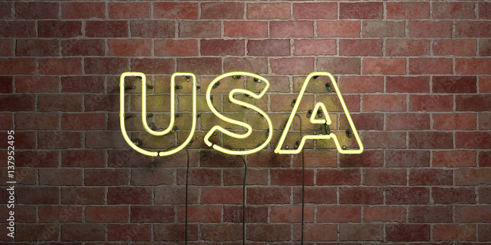 USA - fluorescent Neon tube Sign on brickwork - Front view - 3D rendered royalty free stock picture. Can be used for online banner ads and direct mailers.. USA - fluorescent Neon tube Sign on brickwork - Front view - 3D rendered royalty free stock picture. Can be used for online banner ads and direct mailers..