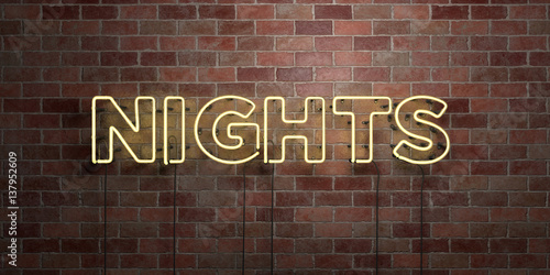 NIGHTS - fluorescent Neon tube Sign on brickwork - Front view - 3D rendered royalty free stock picture. Can be used for online banner ads and direct mailers..