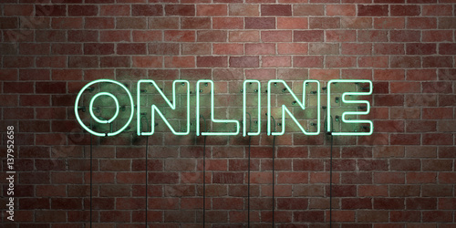 ONLINE - fluorescent Neon tube Sign on brickwork - Front view - 3D rendered royalty free stock picture. Can be used for online banner ads and direct mailers..