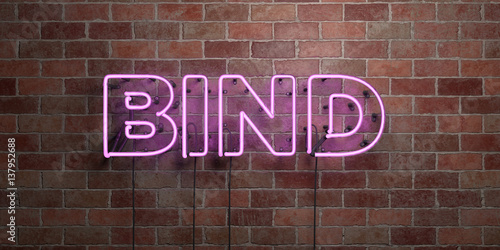 BIND - fluorescent Neon tube Sign on brickwork - Front view - 3D rendered royalty free stock picture. Can be used for online banner ads and direct mailers..