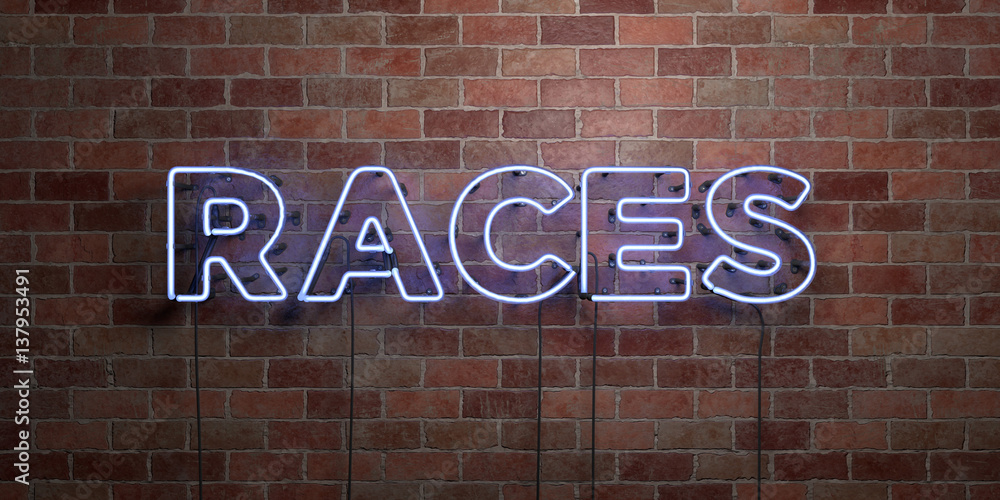 Obraz premium RACES - fluorescent Neon tube Sign on brickwork - Front view - 3D rendered royalty free stock picture. Can be used for online banner ads and direct mailers..