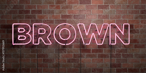 BROWN - fluorescent Neon tube Sign on brickwork - Front view - 3D rendered royalty free stock picture. Can be used for online banner ads and direct mailers..