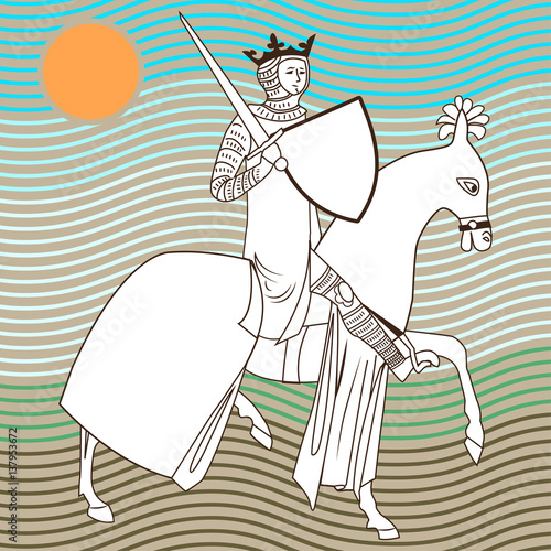 Middle Ages Man. Rider Medieval. King On Horseback. Vector Rider. The Rider With The Sword. An Armed Warrior. The Brave King. Gold Crown. Heraldic Symbol.