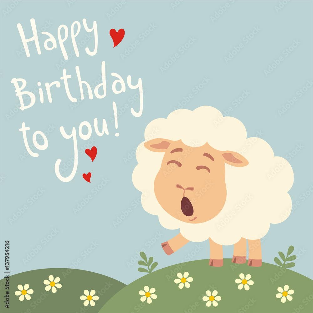Happy birthday to you! Funny sheep sings birthday song with gift in hand.  Card with sheep in cartoon style. Stock Vector | Adobe Stock