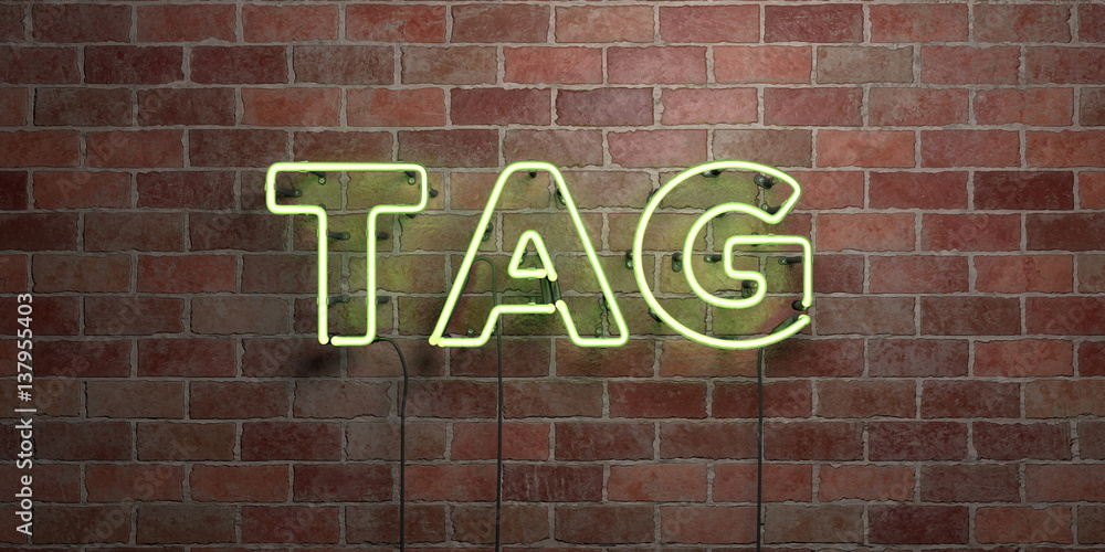Fototapeta premium TAG - fluorescent Neon tube Sign on brickwork - Front view - 3D rendered royalty free stock picture. Can be used for online banner ads and direct mailers..
