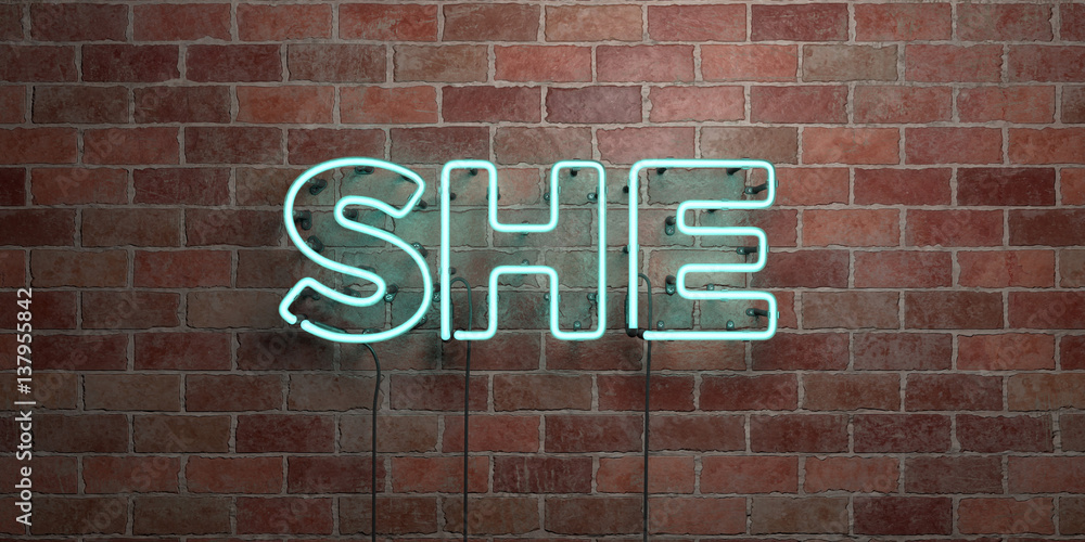 SHE - fluorescent Neon tube Sign on brickwork - Front view - 3D rendered royalty free stock picture. Can be used for online banner ads and direct mailers.. SHE - fluorescent Neon tube Sign on brickwork - Front view - 3D rendered royalty free stock picture. Can be used for online banner ads and direct mailers..