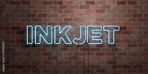 INKJET - fluorescent Neon tube Sign on brickwork - Front view - 3D rendered royalty free stock picture. Can be used for online banner ads and direct mailers..